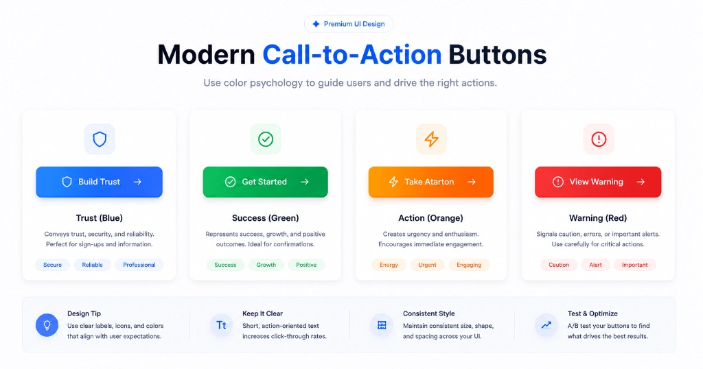 A premium UI design illustration showing four modern call-to-action buttons in Blue, Green, Orange, and Red