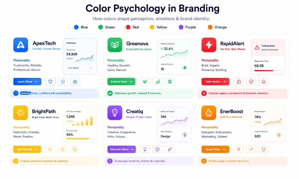 Premium branding mood board showing blue, green, red, yellow, purple, and orange brand identity cards with clean typography and modern UI elements