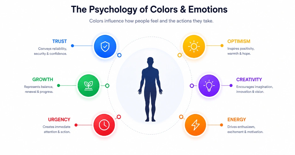 A premium flat illustration showing a human silhouette surrounded by colorful circles representing emotions
