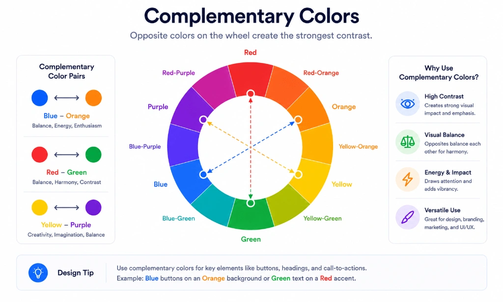 Educational infographic of a color wheel with arrows connecting complementary pairs: Blue–Orange, Red–Green, Yellow–Purple