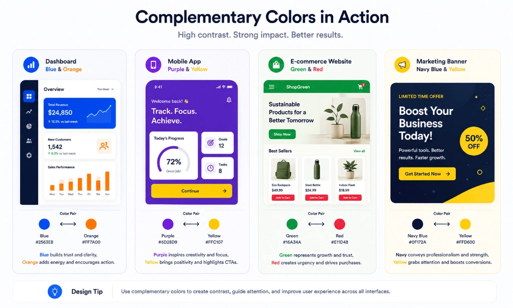 Four modern UI cards demonstrating complementary color combinations in dashboards, mobile apps, e-commerce websites, and marketing banners