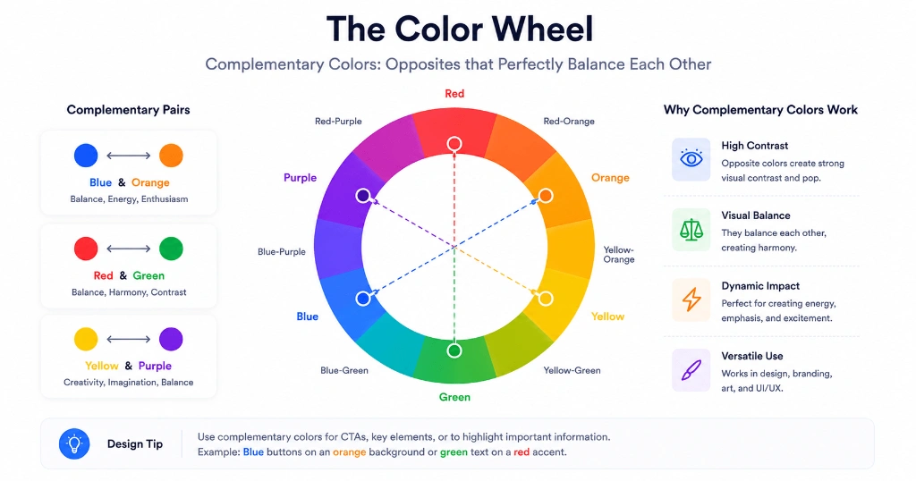 A premium educational illustration of a modern color wheel highlighting complementary color pairs