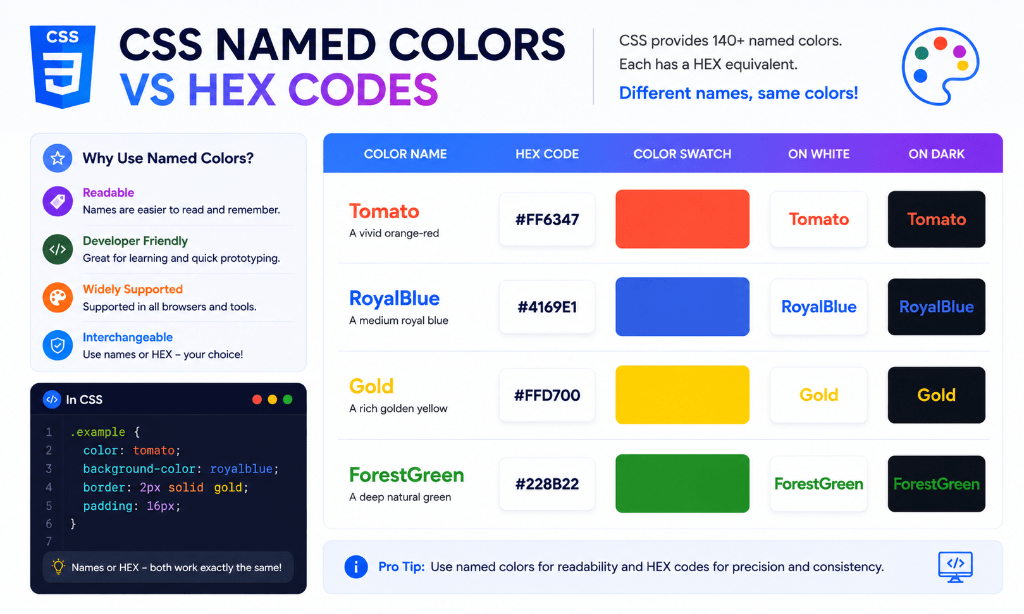 CSS Named Colors vs HEX Codes comparison chart showing Tomato, RoyalBlue, Gold, ForestGreen