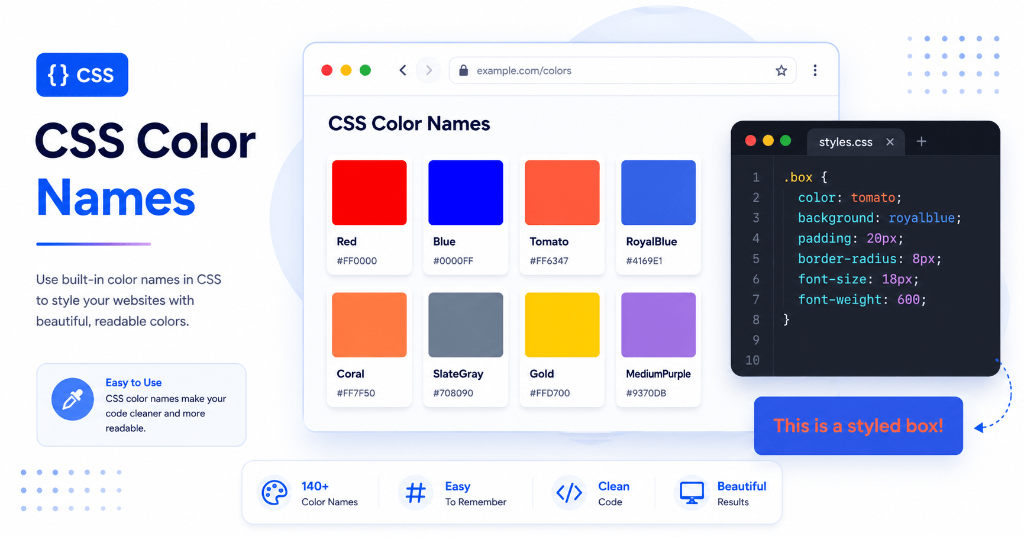 Popular CSS color names used in web development displaying browser color cards and CSS code editor
