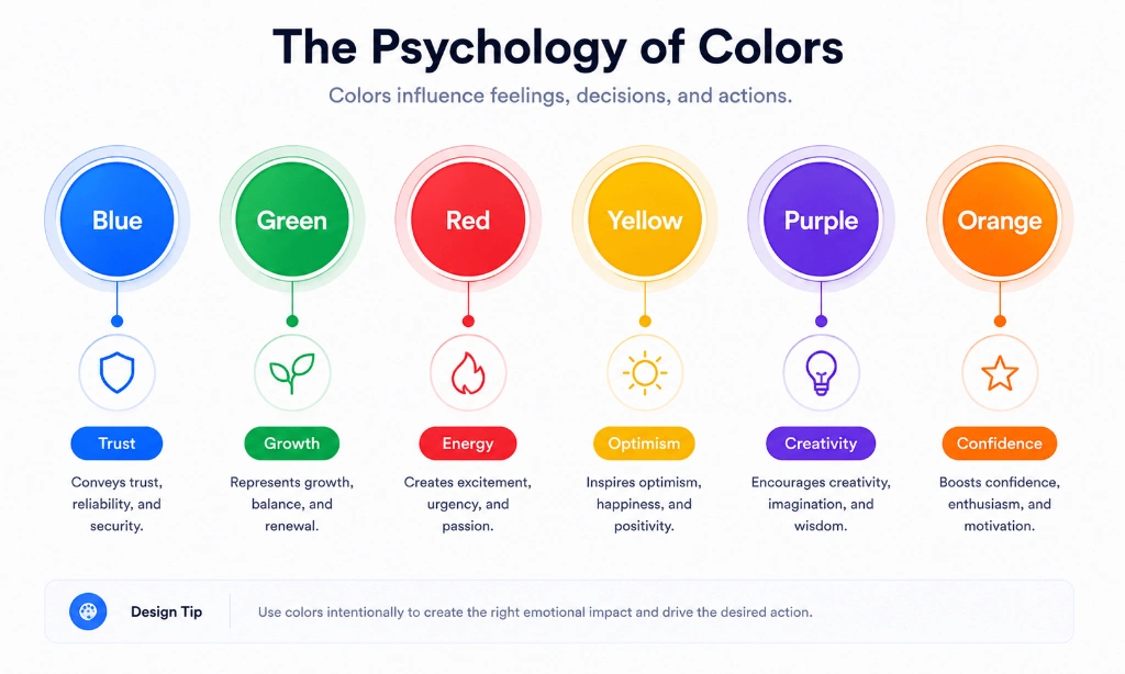 Modern infographic showing six colored circles labeled Blue, Green, Red, Yellow, Purple, and Orange, each connected to emotions like Trust, Growth, Energy, Optimism, Creativity, and Confidence