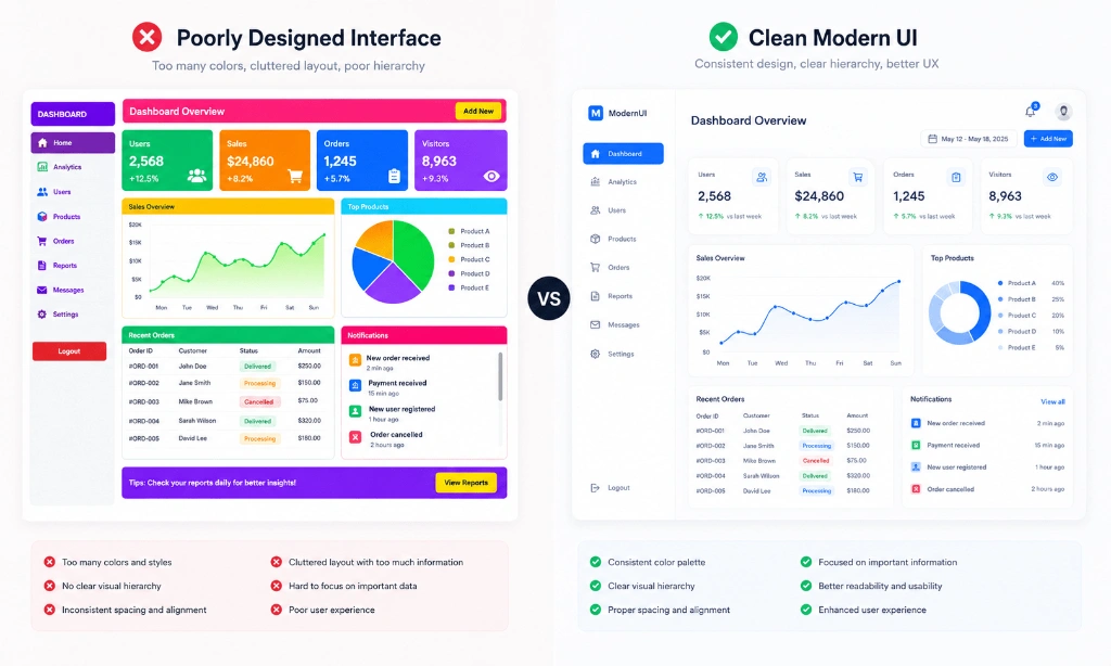 Split-screen comparison of a poorly designed colorful interface versus a clean modern UI with consistent color hierarchy