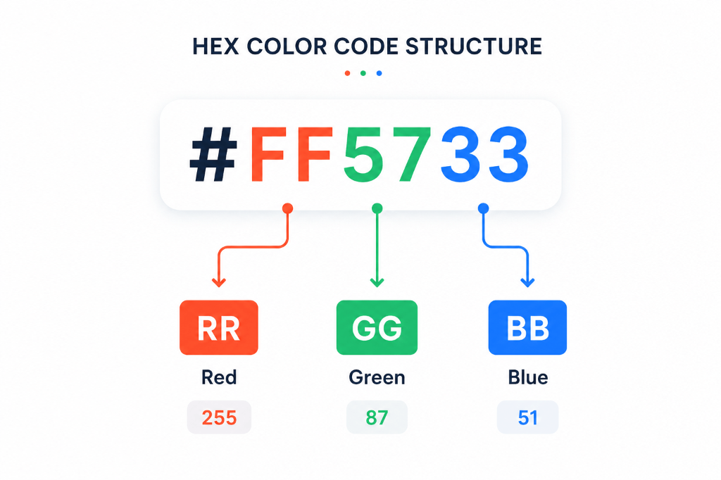 HEX Color Code Structure diagram showing #FF5733 mapped to RR (Red 255), GG (Green 87), and BB (Blue 51)