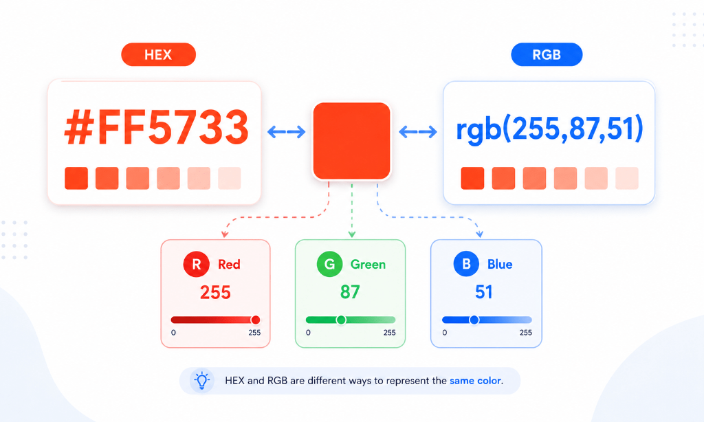 HEX to RGB conversion diagram mapping #FF5733 to Red 255, Green 87, Blue 51