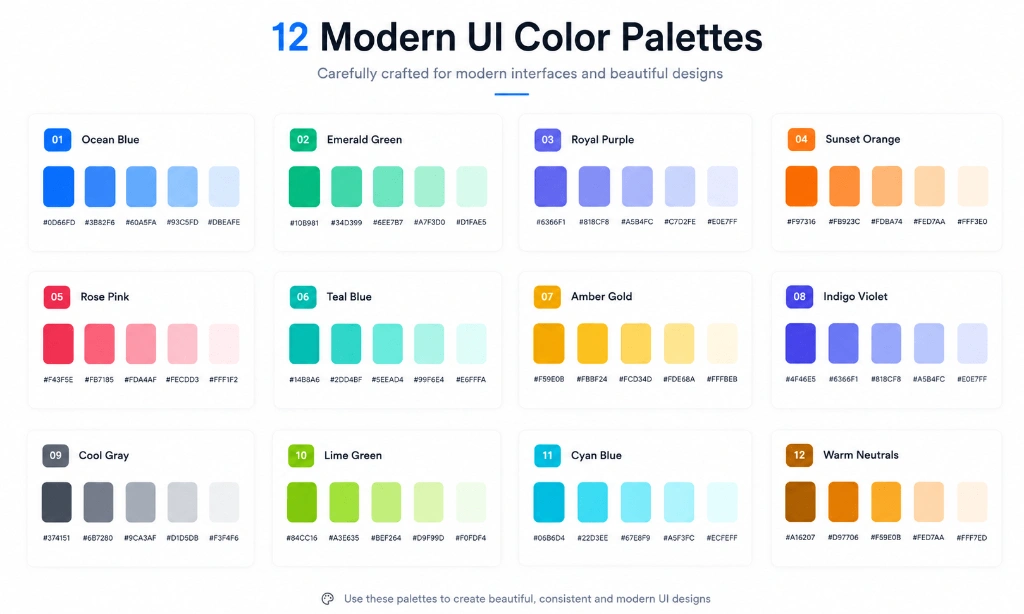 A premium infographic displaying twelve modern UI color palette cards with HEX values arranged in a clean responsive grid