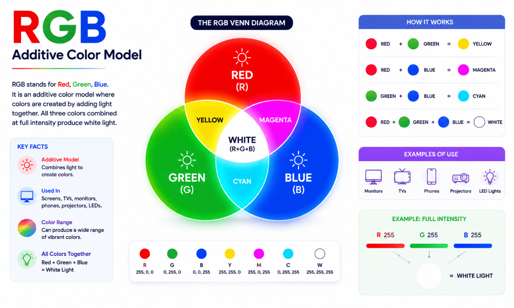 RGB Additive Color Model Venn diagram explaining Red, Green, Blue light combinations