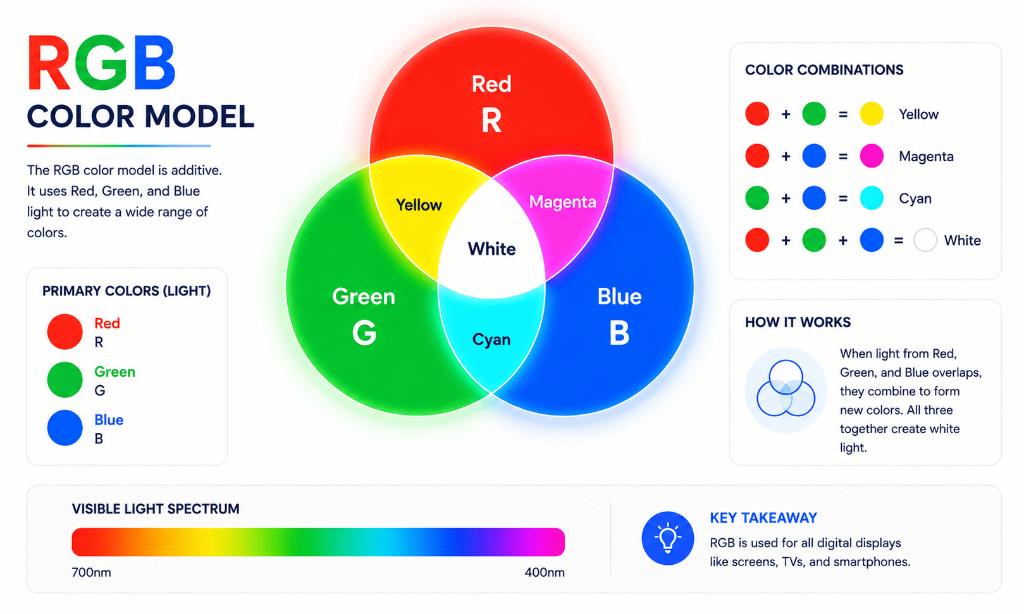 RGB Color Model additive light Venn diagram showing primary color intersections and visible light spectrum