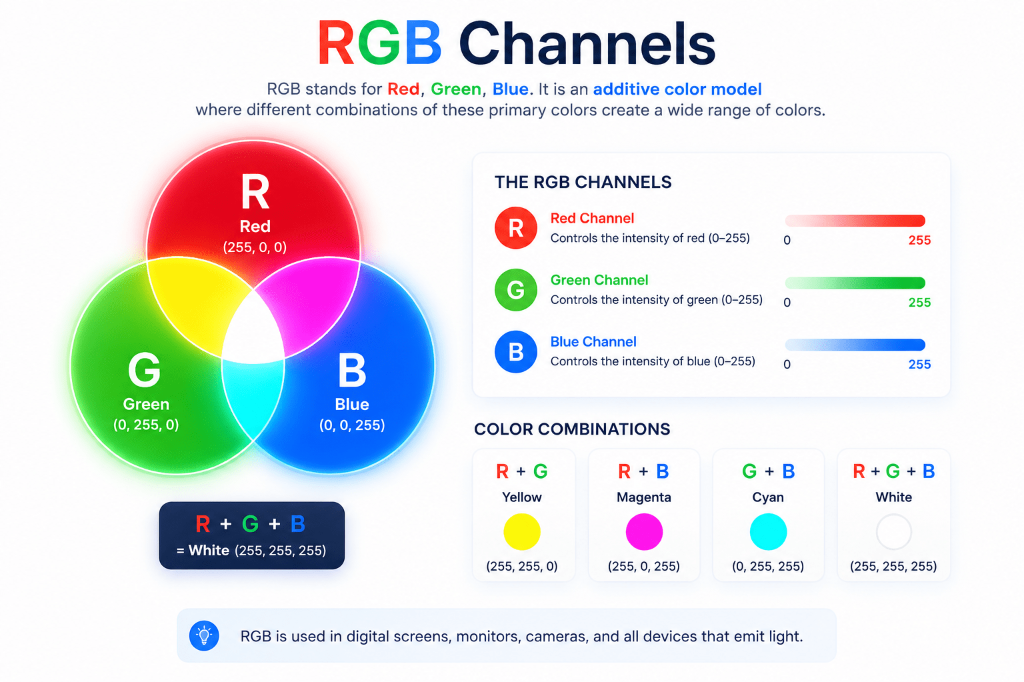 RGB Channels additive color model diagram displaying Red, Green, and Blue light intersections