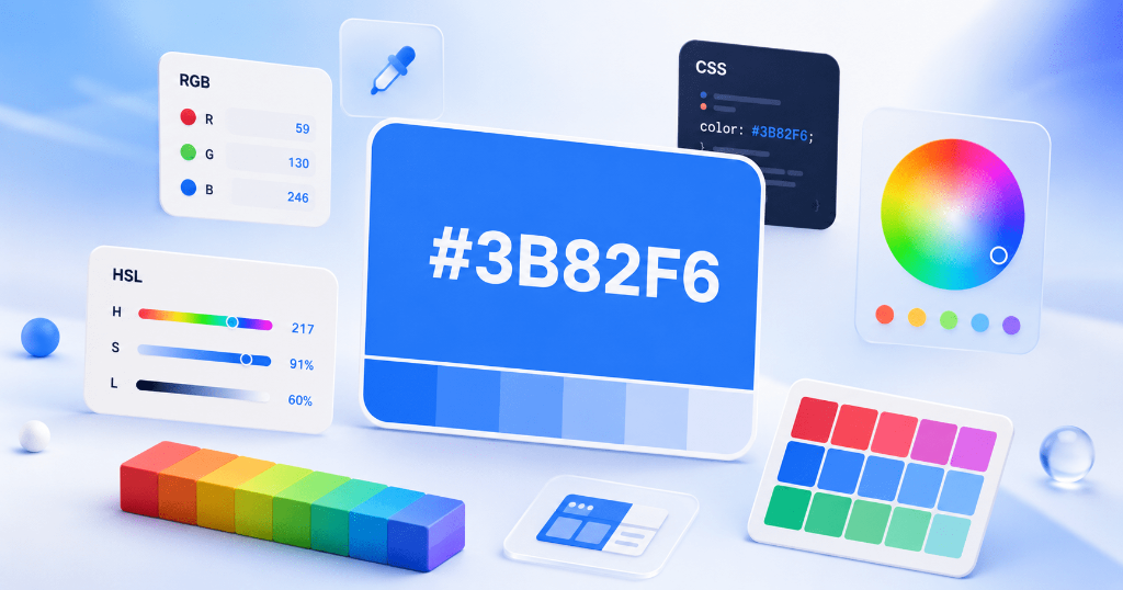 HEX color code illustration showing #3B82F6 with RGB, HSL, CSS values and color spectrum wheel